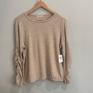 Stylish Beige Ribbed‎ Long Sleeve sweater Top